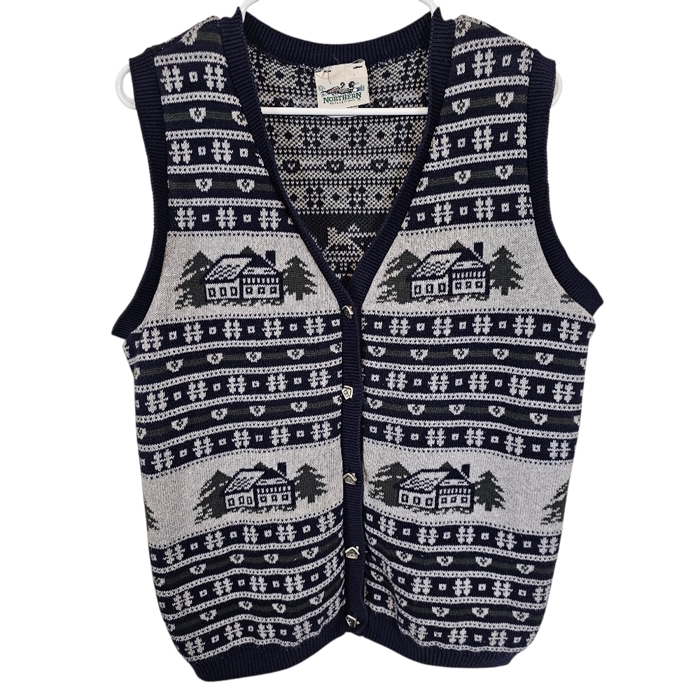 Vintage Novelty Print Button Down Knit Sweater Cottagecore House Tree Vest